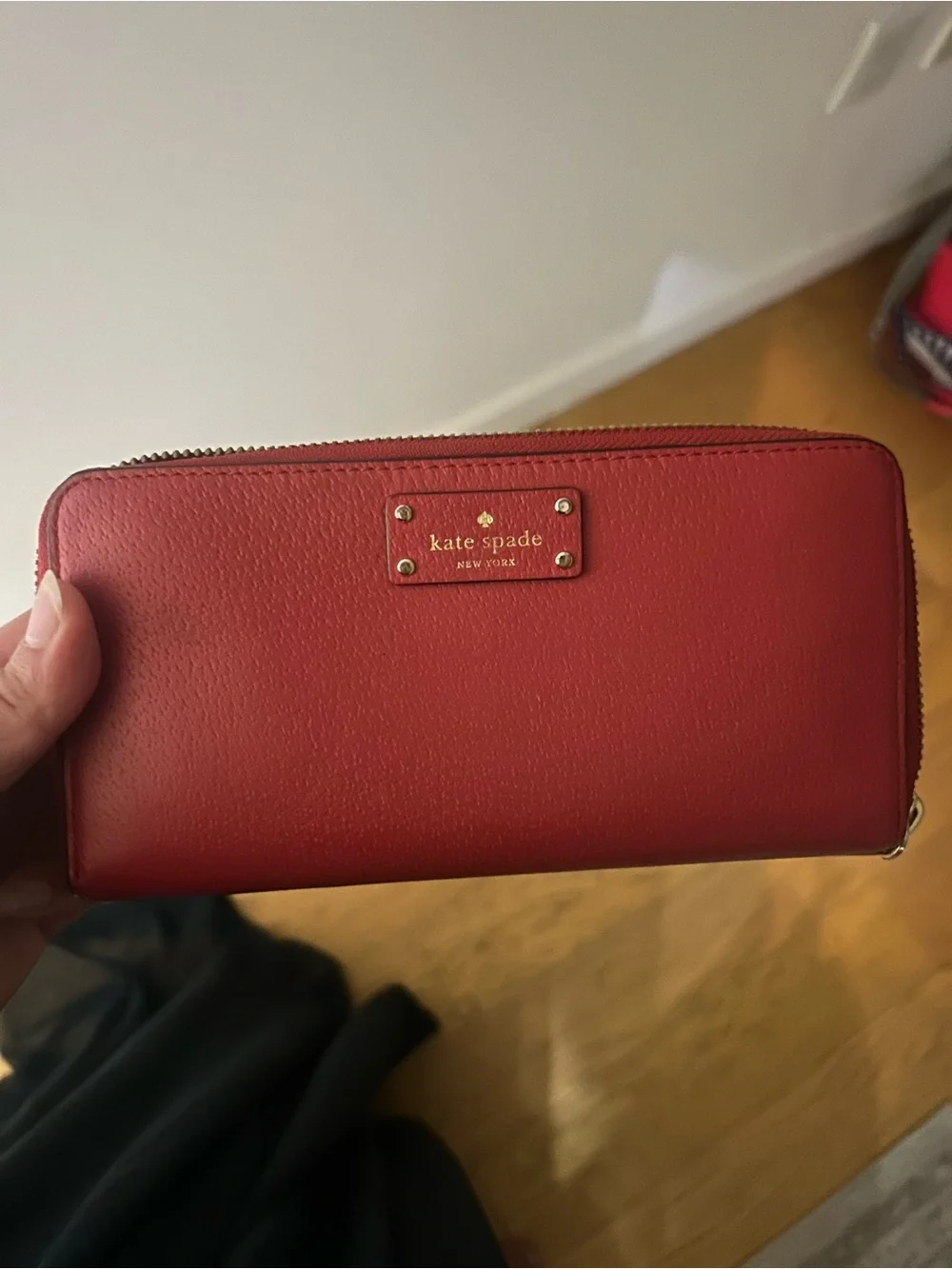kate spade Red Leather Zip Wallet with Gold Plaque